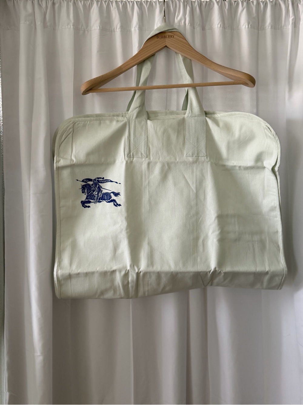 Burberry Garment Dust Bag with Navy Equestrian Motif Wooden Hanger New
